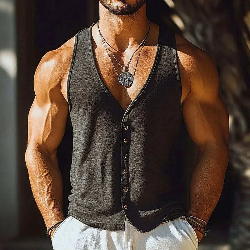 Men's Solid Color Cotton And Linen Blend V-Neck Tank Tops MTA0879E2X sold by Manly product image thumbnail 2