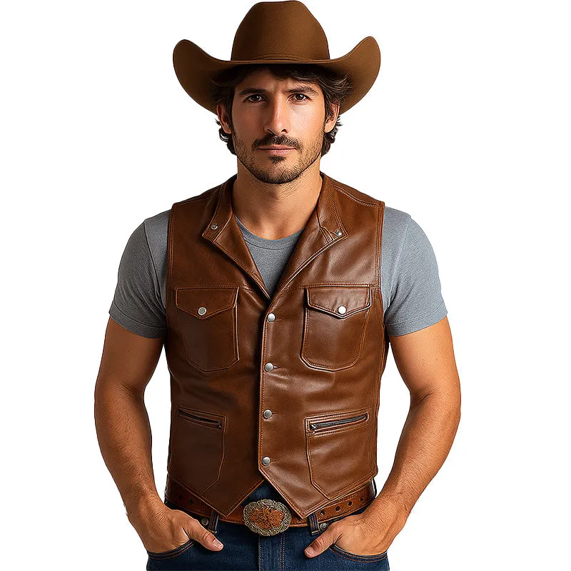 Men's Summer Western Cowboy Style Thin Leather Vest MTA1511E3P sold by Manly