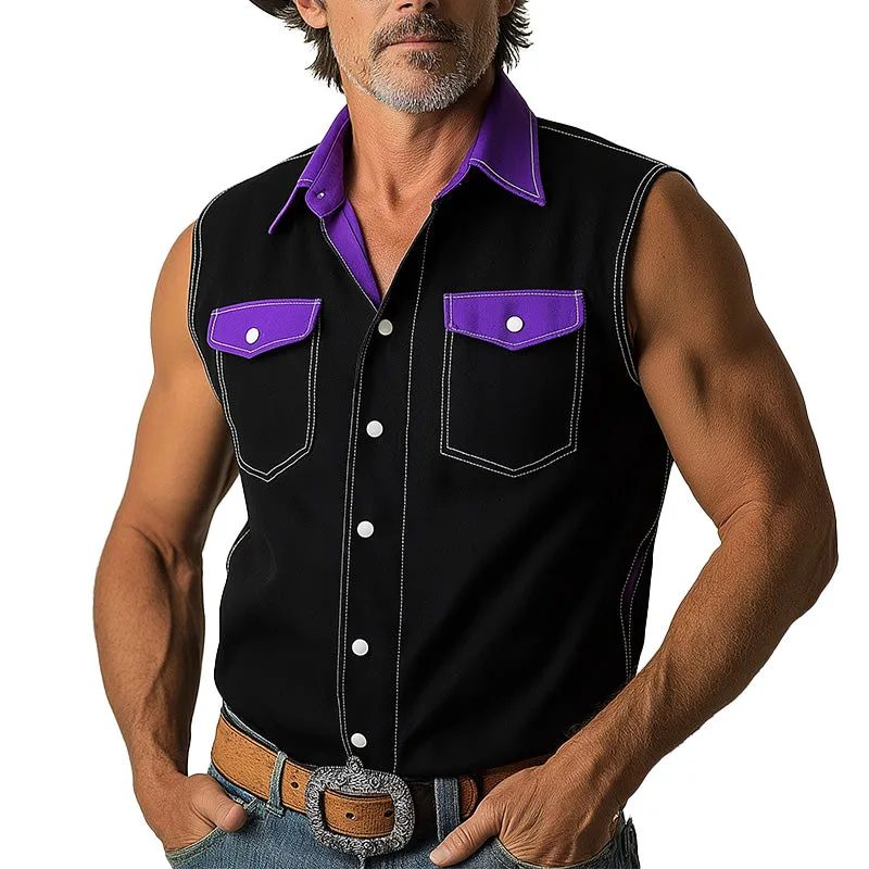 Men's Summer Western Cowboy Style Contrast Color Cotton Blended Sleeveless Shirt MTA1509E7P sold by Manly