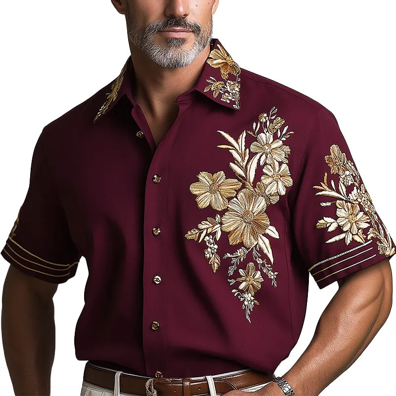 Men's Summer Fashion Floral Embroidery Cotton And Linen Short Sleeve Shirt MTA1589E7P sold by Manly