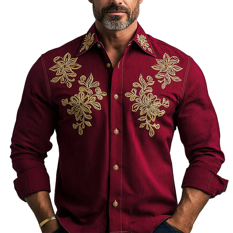 Men's Summer Fashion Floral Embroidery Cotton Long Sleeve Shirt MTA1593E2P sold by Manly