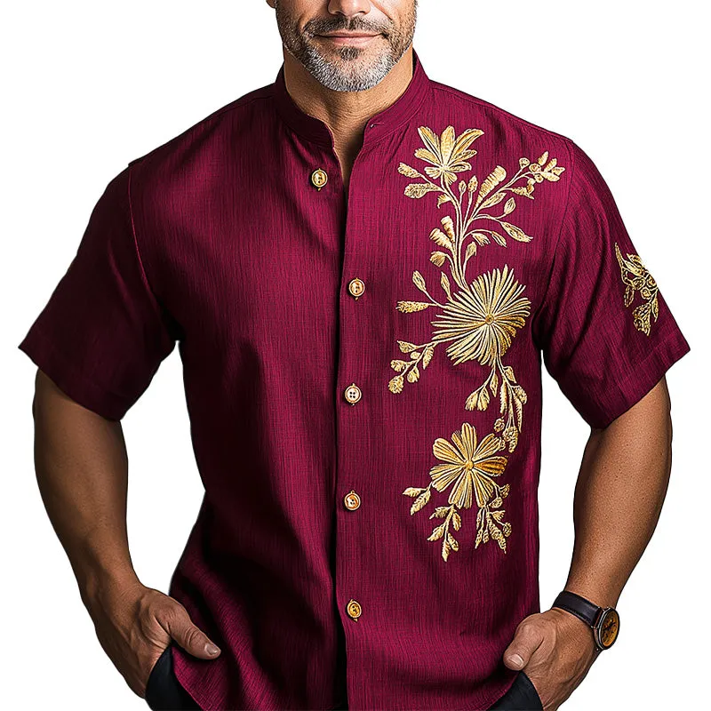 Men's Summer Fashion Floral Embroidery Cotton Short Sleeve Round Neck Shirt MTA1509E3P sold by Manly