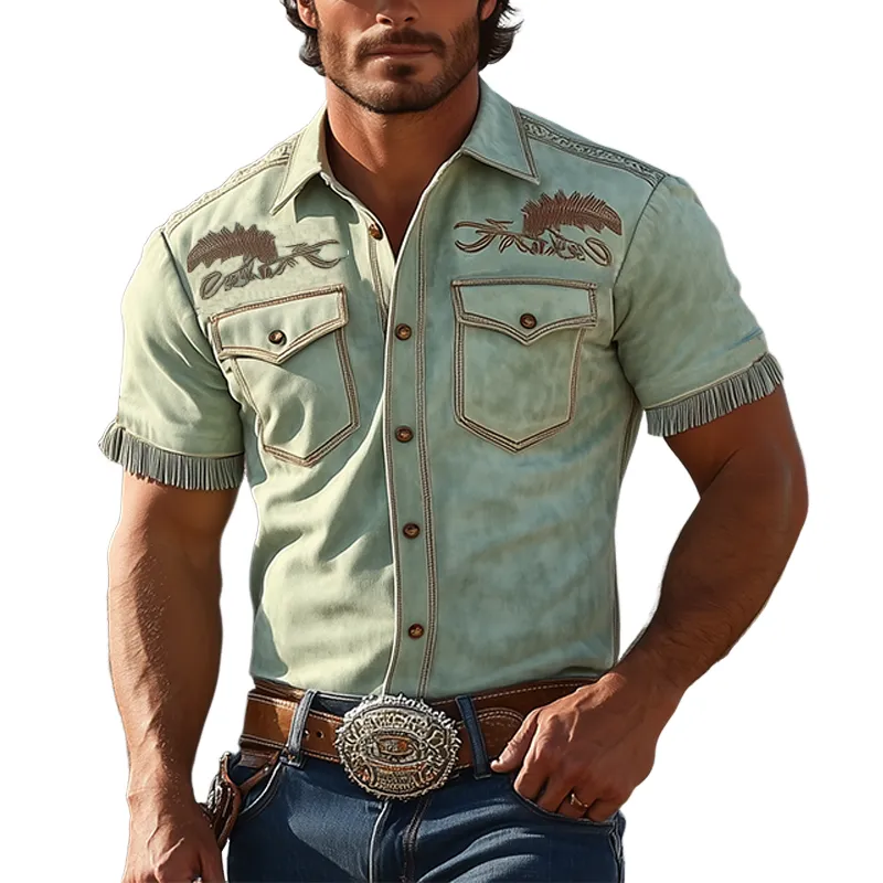 Men's Spring And Summer Fashion Retro Western Cowboy Style Thin Suede Embroidered Tassel Slim Short-sleeved Shirt MTA1598E4K sold by Manly