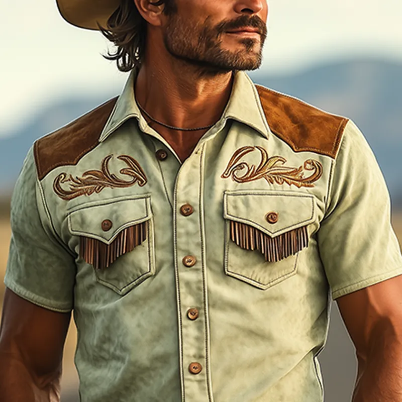 Men's Spring And Summer Fashion Retro Western Cowboy Style Thin Suede Stitching Embroidery Tassel Slim Short-sleeved Shirt MTA1504E4K sold by Manly product image thumbnail 4