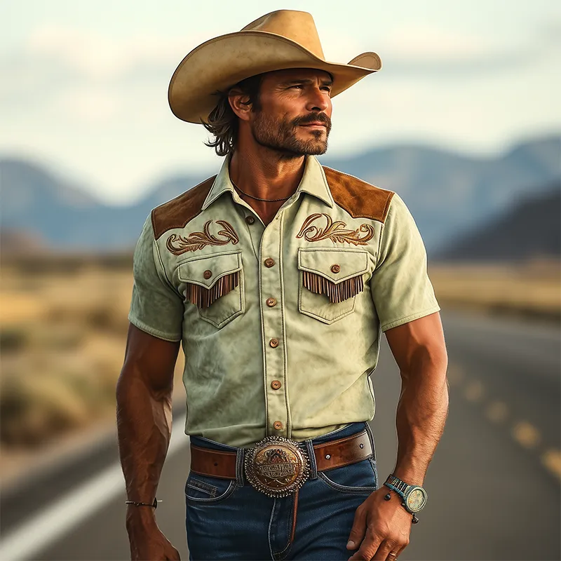 Men's Spring And Summer Fashion Retro Western Cowboy Style Thin Suede Stitching Embroidery Tassel Slim Short-sleeved Shirt MTA1504E4K sold by Manly product image thumbnail 2