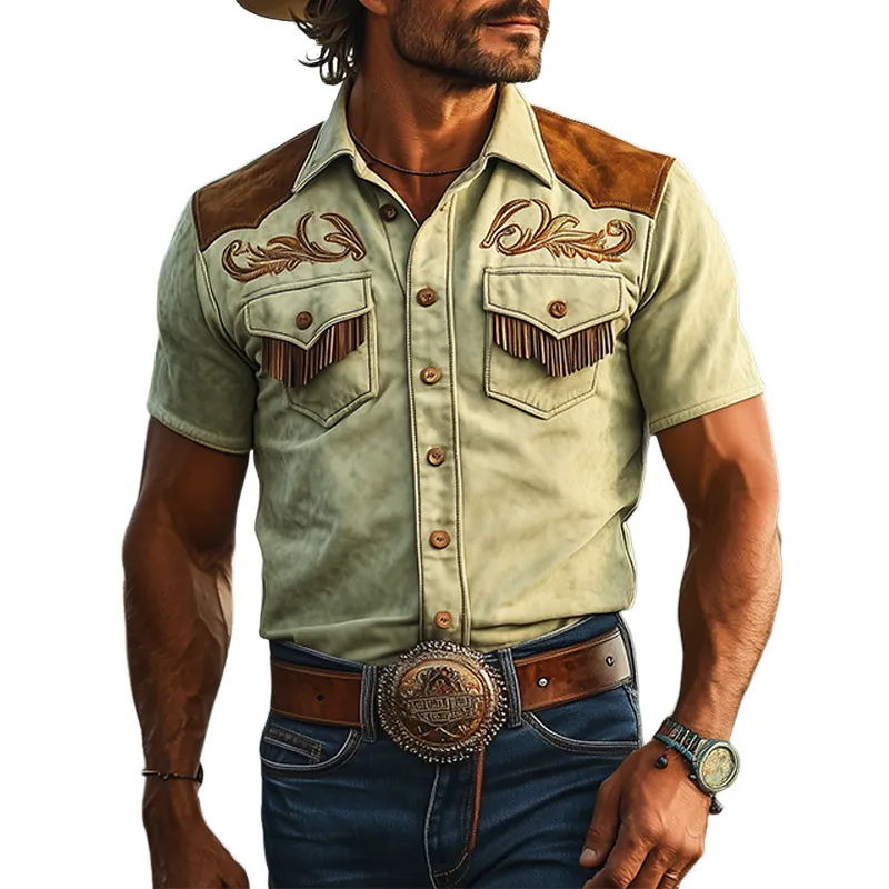 Men's Spring And Summer Fashion Retro Western Cowboy Style Thin Suede Stitching Embroidery Tassel Slim Short-sleeved Shirt MTA1504E4K sold by Manly