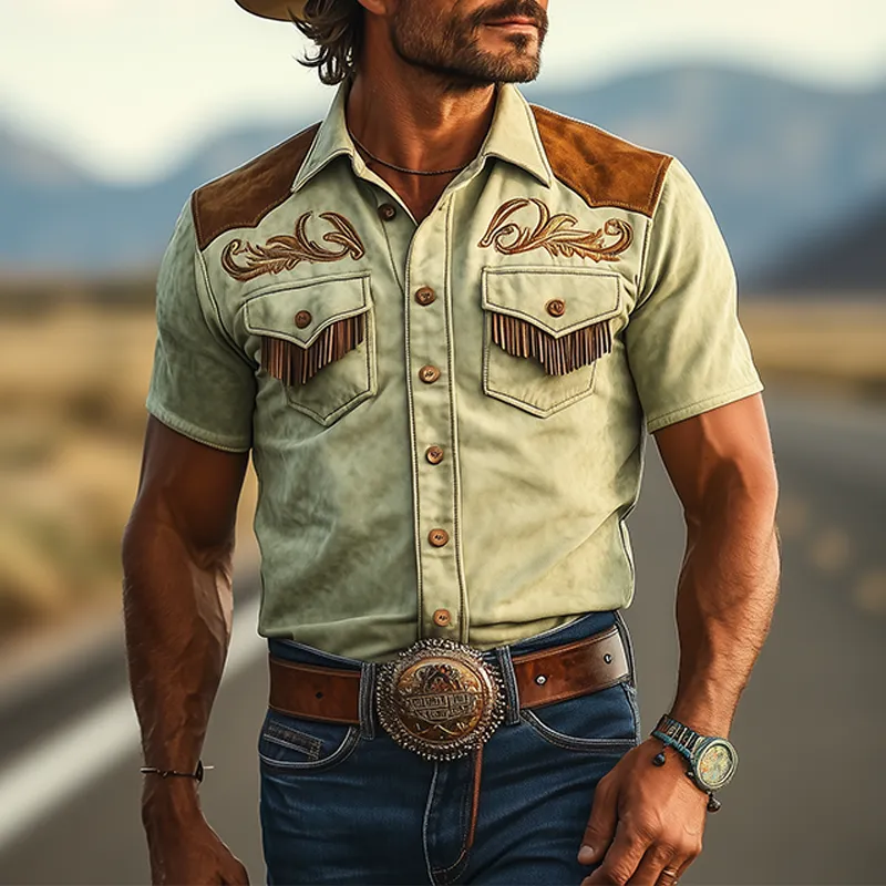 Men's Spring And Summer Fashion Retro Western Cowboy Style Thin Suede Stitching Embroidery Tassel Slim Short-sleeved Shirt MTA1504E4K sold by Manly product image thumbnail 3