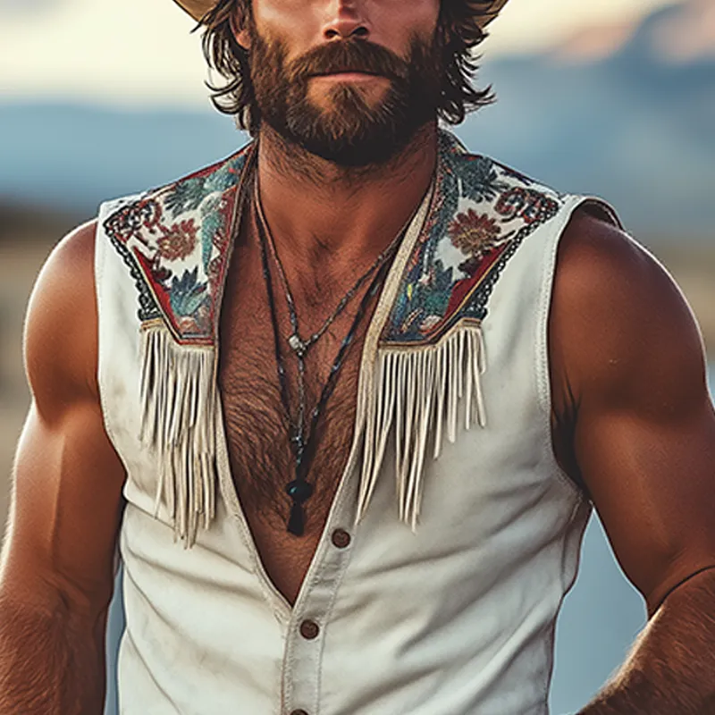Men's Spring And Summer Fashion Retro Western Cowboy Style Thin Suede Metal Button Embroidery Tassel V-neck Sleeveless Shirt MTA1521E8K sold by Manly product image thumbnail 4