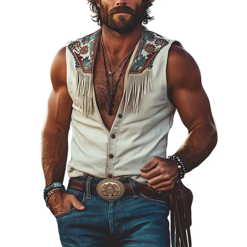 Men's Spring And Summer Fashion Retro Western Cowboy Style Thin Suede Metal Button Embroidery Tassel V-neck Sleeveless Shirt MTA1521E8K sold by Manly