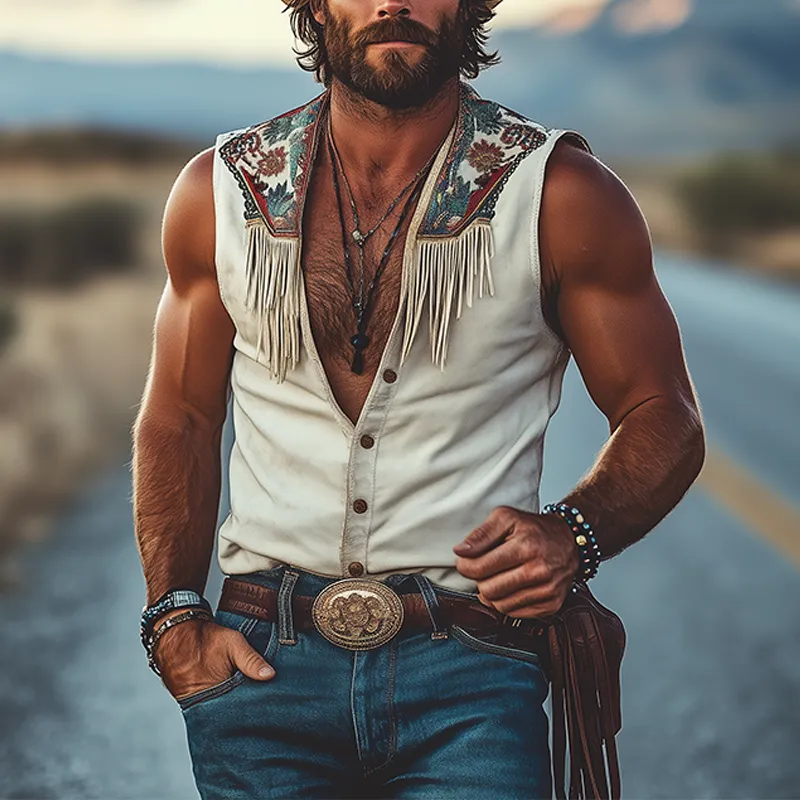Men's Spring And Summer Fashion Retro Western Cowboy Style Thin Suede Metal Button Embroidery Tassel V-neck Sleeveless Shirt MTA1521E8K sold by Manly product image thumbnail 3