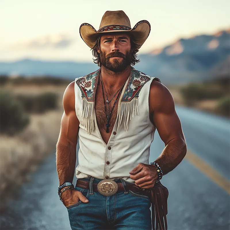 Men's Spring And Summer Fashion Retro Western Cowboy Style Thin Suede Metal Button Embroidery Tassel V-neck Sleeveless Shirt MTA1521E8K sold by Manly product image thumbnail 2