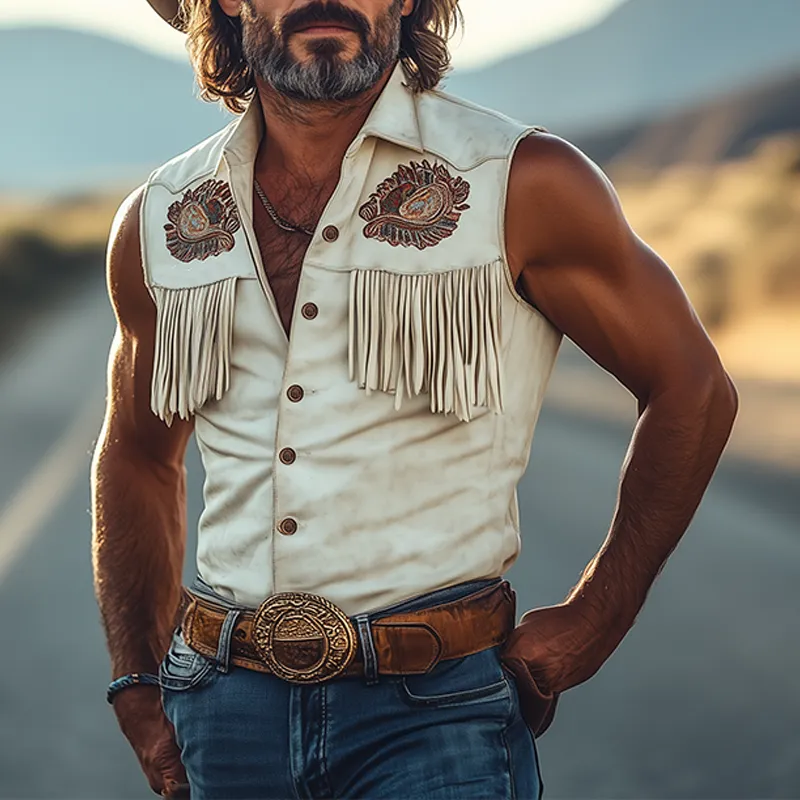 Men's Spring And Summer Fashion Retro Western Cowboy Style Tough Guy Thin Suede Embroidered Tassel Slim Sleeveless Shirt MTA1558E7K sold by Manly product image thumbnail 3