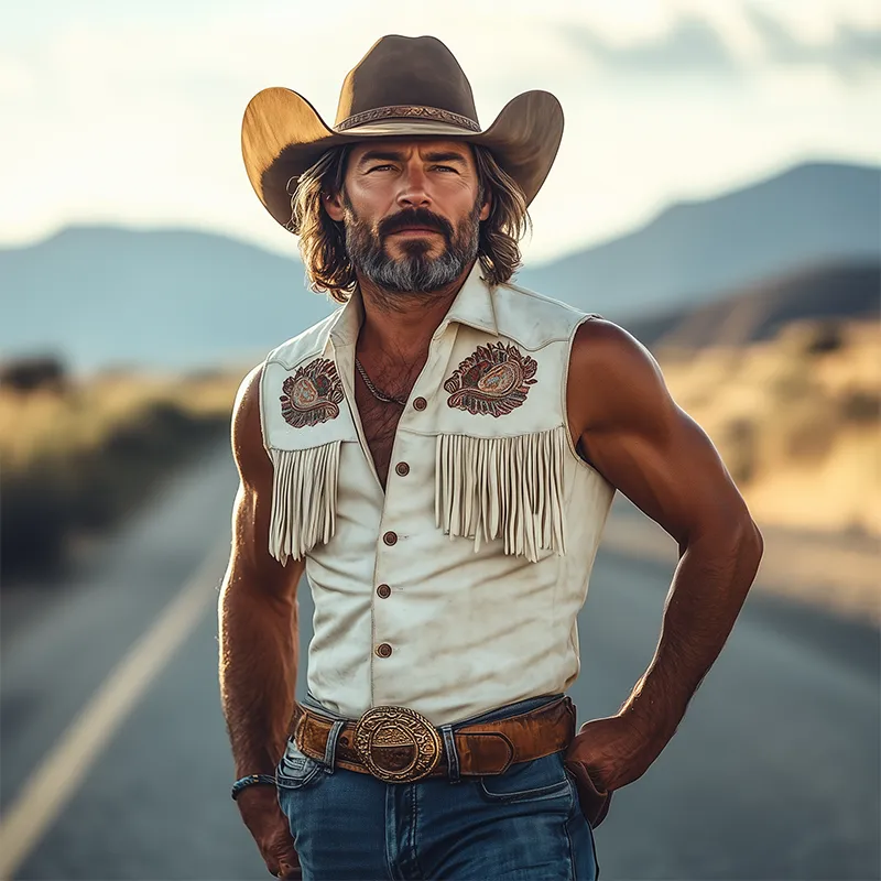 Men's Spring And Summer Fashion Retro Western Cowboy Style Tough Guy Thin Suede Embroidered Tassel Slim Sleeveless Shirt MTA1558E7K sold by Manly product image thumbnail 2