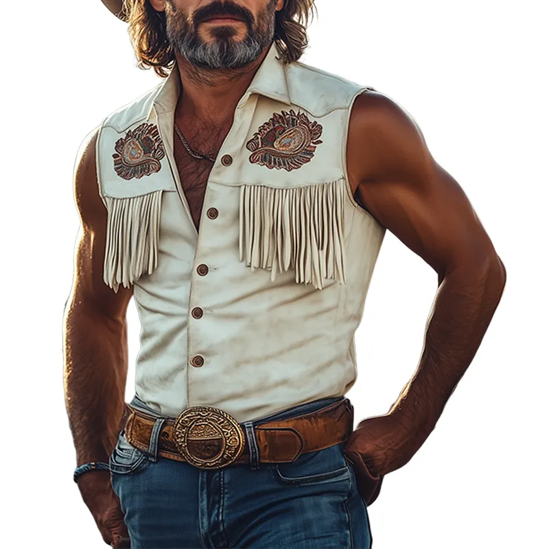 Men's Spring And Summer Fashion Retro Western Cowboy Style Tough Guy Thin Suede Embroidered Tassel Slim Sleeveless Shirt MTA1558E7K sold by Manly