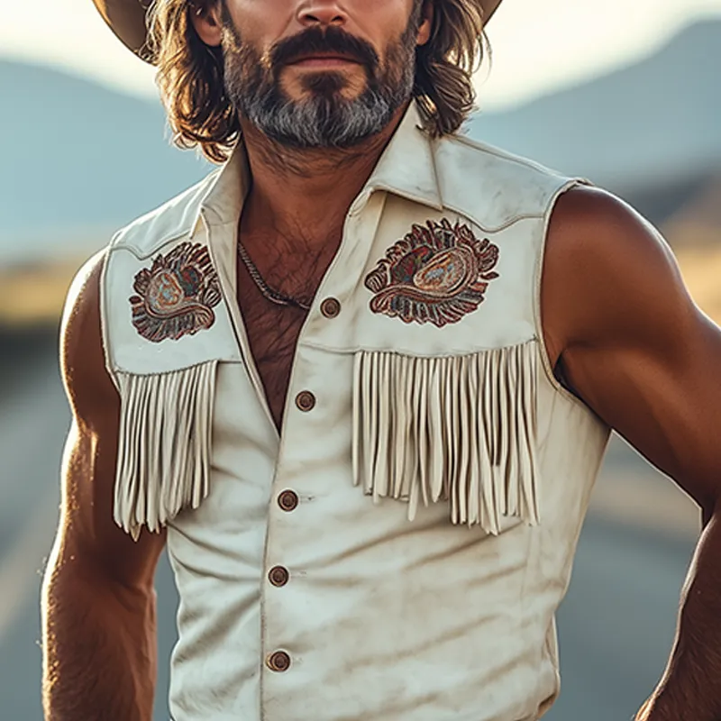 Men's Spring And Summer Fashion Retro Western Cowboy Style Tough Guy Thin Suede Embroidered Tassel Slim Sleeveless Shirt MTA1558E7K sold by Manly product image thumbnail 4