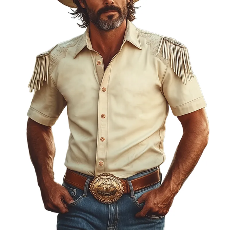 Men's Spring And Summer Fashion Retro Western Cowboy Style Cotton Blend Shoulder Embroidery Tassel Short Sleeve Shirt  MTA1523E2K sold by Manly