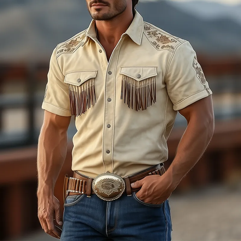 Men's Spring And Summer Fashion Retro Western Cowboy Style Thin Suede Embroidered Pocket Tassel Short-sleeved Shirt MTA1582E5K sold by Manly product image thumbnail 3