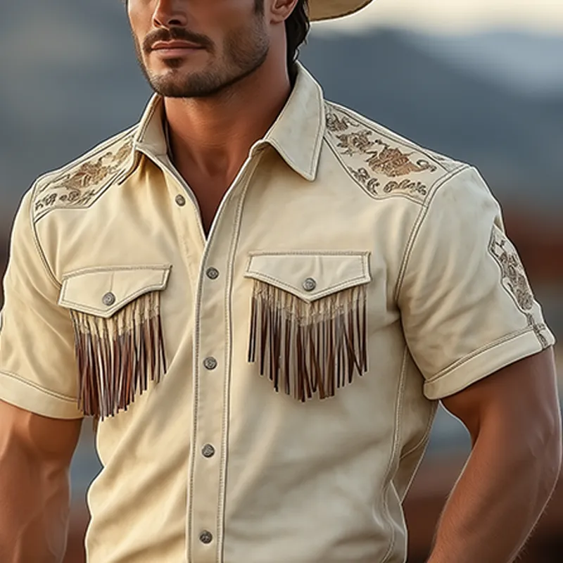 Men's Spring And Summer Fashion Retro Western Cowboy Style Thin Suede Embroidered Pocket Tassel Short-sleeved Shirt MTA1582E5K sold by Manly product image thumbnail 4
