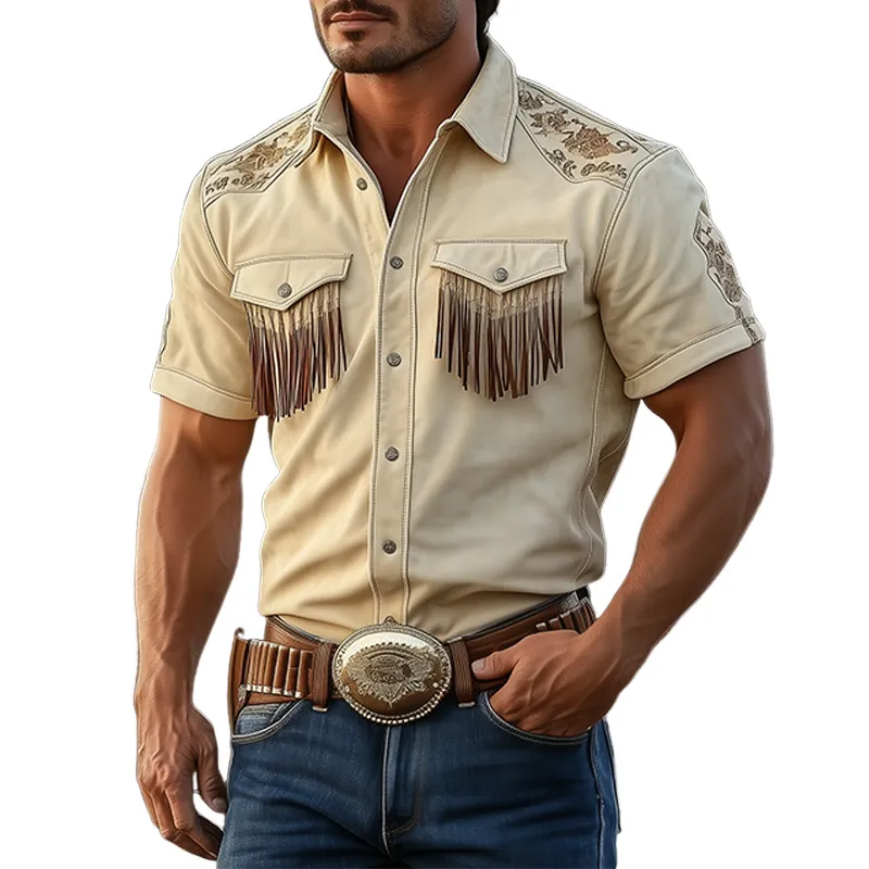 Men's Spring And Summer Fashion Retro Western Cowboy Style Thin Suede Embroidered Pocket Tassel Short-sleeved Shirt MTA1582E5K sold by Manly