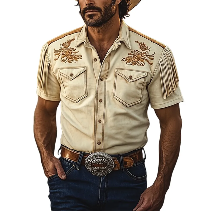 Men's Spring And Summer Fashion Retro Western Cowboy Style Thin Suede Embroidered Tassel Short-sleeved Shirt MTA1535E3K sold by Manly