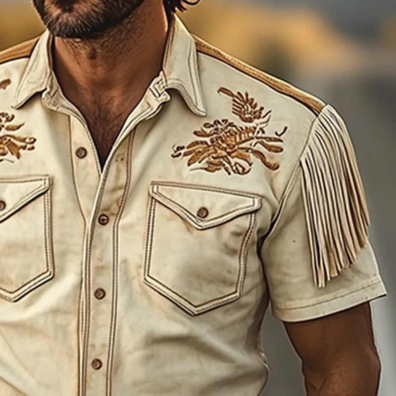 Men's Spring And Summer Fashion Retro Western Cowboy Style Thin Suede Embroidered Tassel Short-sleeved Shirt MTA1535E3K sold by Manly product image thumbnail 5