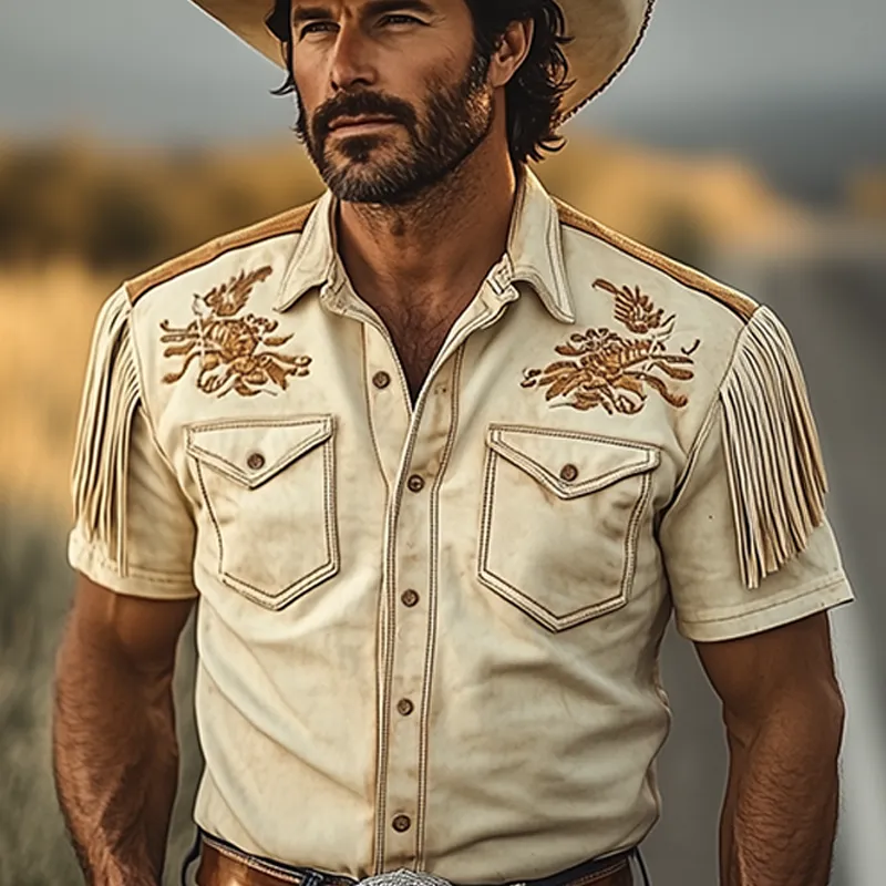 Men's Spring And Summer Fashion Retro Western Cowboy Style Thin Suede Embroidered Tassel Short-sleeved Shirt MTA1535E3K sold by Manly product image thumbnail 4