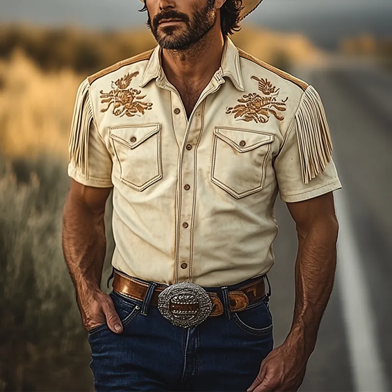 Men's Spring And Summer Fashion Retro Western Cowboy Style Thin Suede Embroidered Tassel Short-sleeved Shirt MTA1535E3K sold by Manly product image thumbnail 3