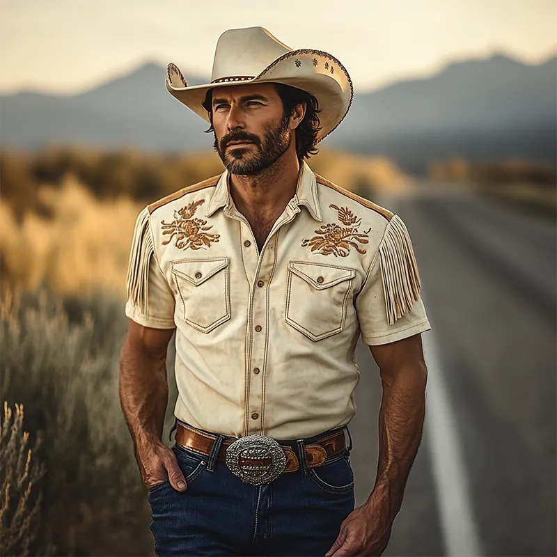 Men's Spring And Summer Fashion Retro Western Cowboy Style Thin Suede Embroidered Tassel Short-sleeved Shirt MTA1535E3K sold by Manly product image thumbnail 2