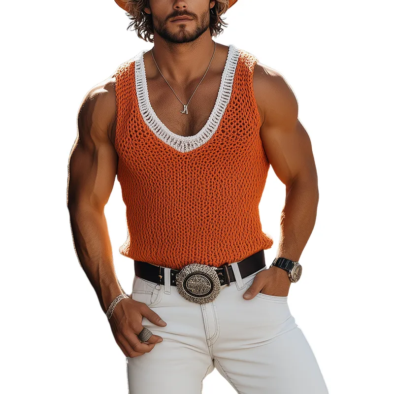 Men's Spring And Summer Fashion Casual Western Style Contrast Stitching Knitted U-neck Slim Tank Top MTA1446E7K sold by Manly