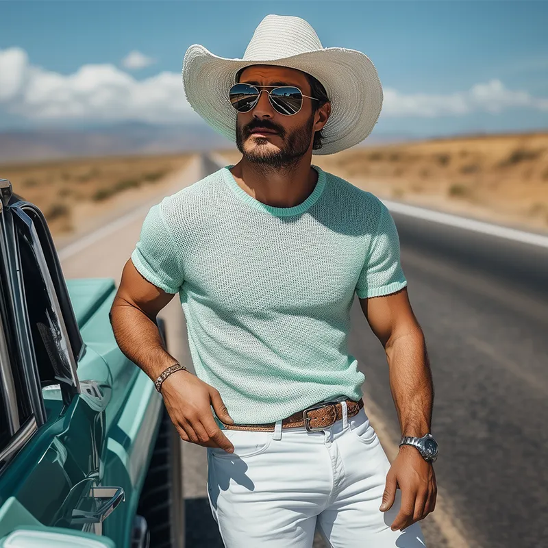 Men's Spring And Summer Fashion Casual Western Style Mint Green Slim Fit Knitted Short-sleeved T-shirt MTA1408E0K sold by Manly product image thumbnail 2