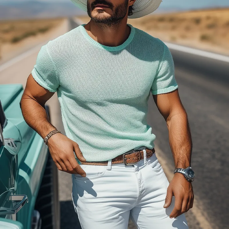Men's Spring And Summer Fashion Casual Western Style Mint Green Slim Fit Knitted Short-sleeved T-shirt MTA1408E0K sold by Manly product image thumbnail 4