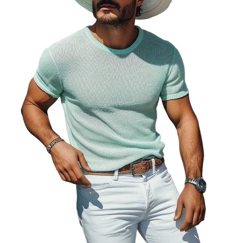 Men's Spring And Summer Fashion Casual Western Style Mint Green Slim Fit Knitted Short-sleeved T-shirt MTA1408E0K sold by Manly
