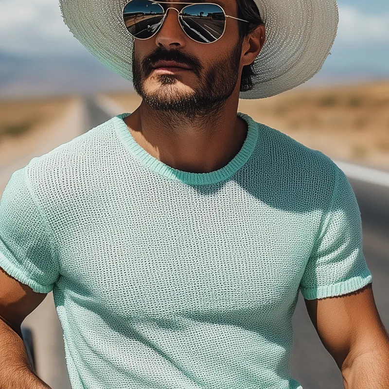 Men's Spring And Summer Fashion Casual Western Style Mint Green Slim Fit Knitted Short-sleeved T-shirt MTA1408E0K sold by Manly product image thumbnail 5
