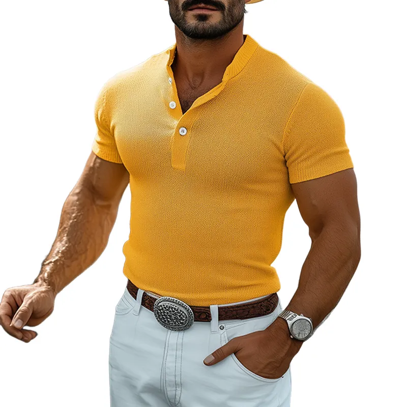 Men's Spring And Summer Fashion Casual Western Style Henley Collar Slim Fit Knit Short Sleeve T-Shirt MTA1436E0K sold by Manly