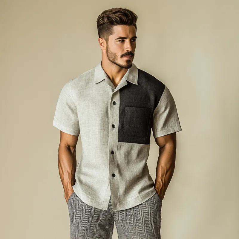 Men's Casual Contrast Linen Lapel Patch Pocket Slim Fit Short Sleeve Shirt MTA1525E7M sold by Manly product image thumbnail 4