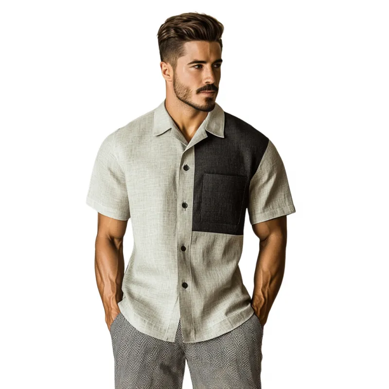 Men's Casual Contrast Linen Lapel Patch Pocket Slim Fit Short Sleeve Shirt MTA1525E7M sold by Manly product image thumbnail 2