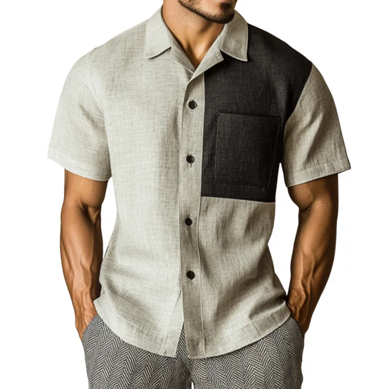 Men's Casual Contrast Linen Lapel Patch Pocket Slim Fit Short Sleeve Shirt MTA1525E7M sold by Manly