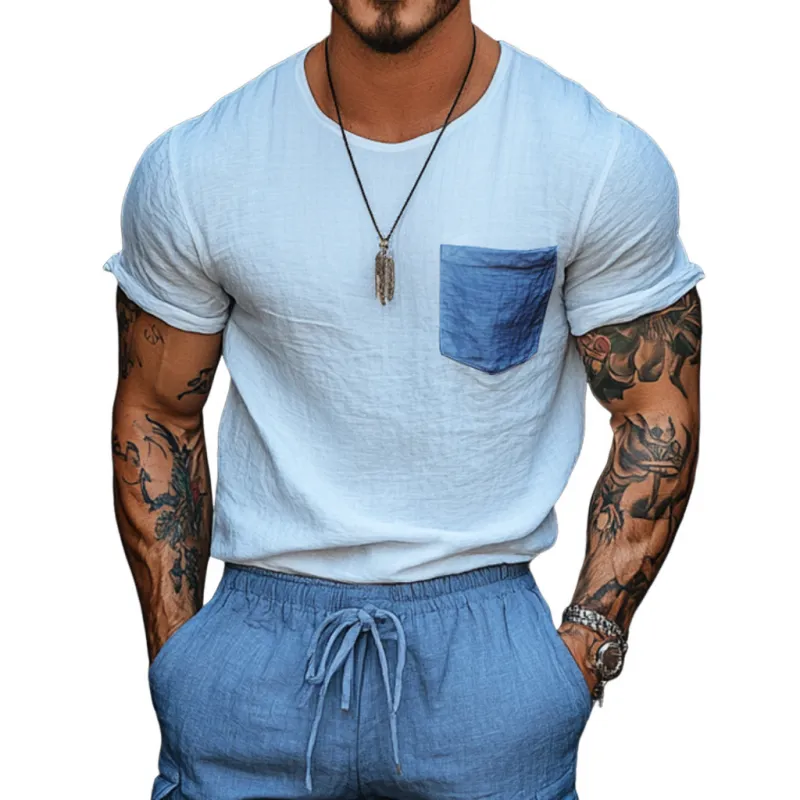 Men's Casual Cotton Linen Round Neck Colorblock Patch Pocket Loose Short Sleeve T-shirt MTA1533E1M sold by Manly