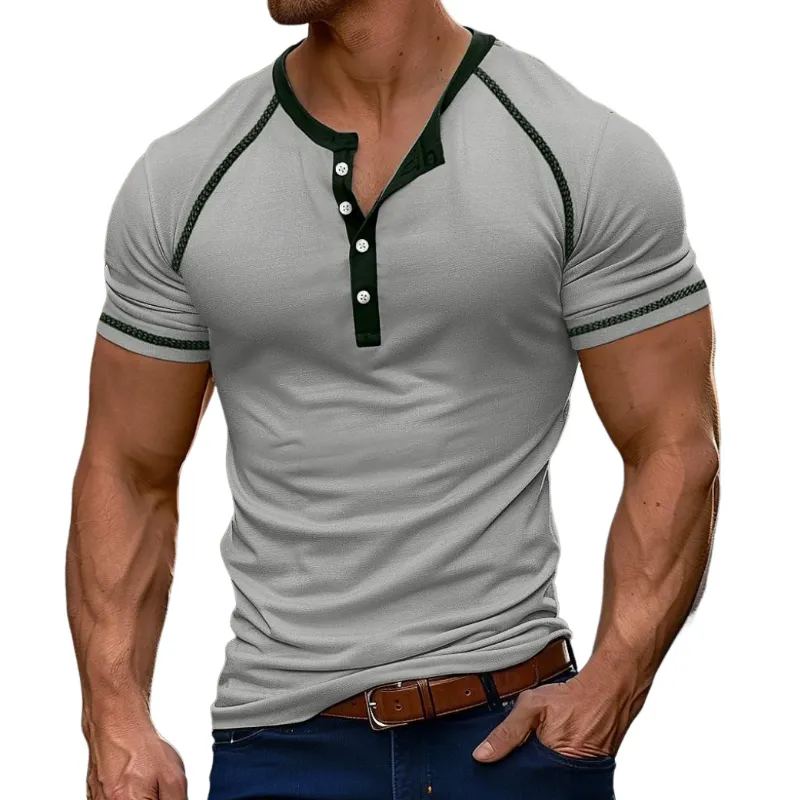Men's Casual Cotton Contrast Color Henley Collar Slim Fit Short Sleeve T-Shirt MTA1490E3M sold by Manly product image thumbnail 3