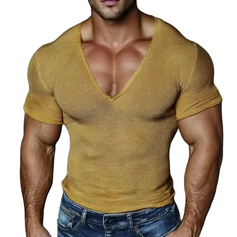 Men's Casual Cotton Blended Ribbed Deep V-Neck Slim Short Sleeve T-Shirt MTA1483E7M sold by Manly