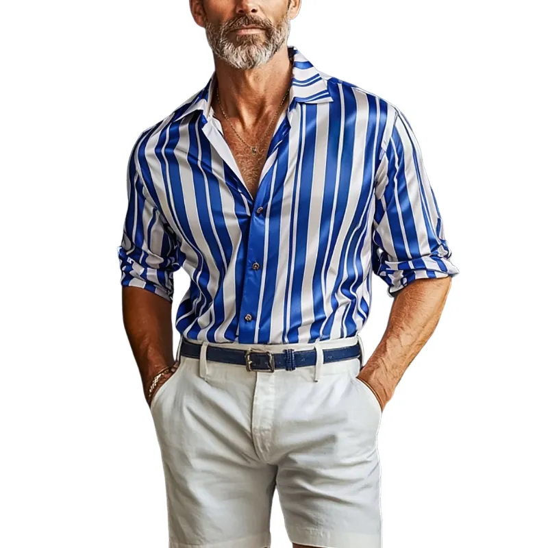 Men's Casual Striped Satin Lapel Loose Long Sleeve Shirt MTA1400E5M sold by Manly