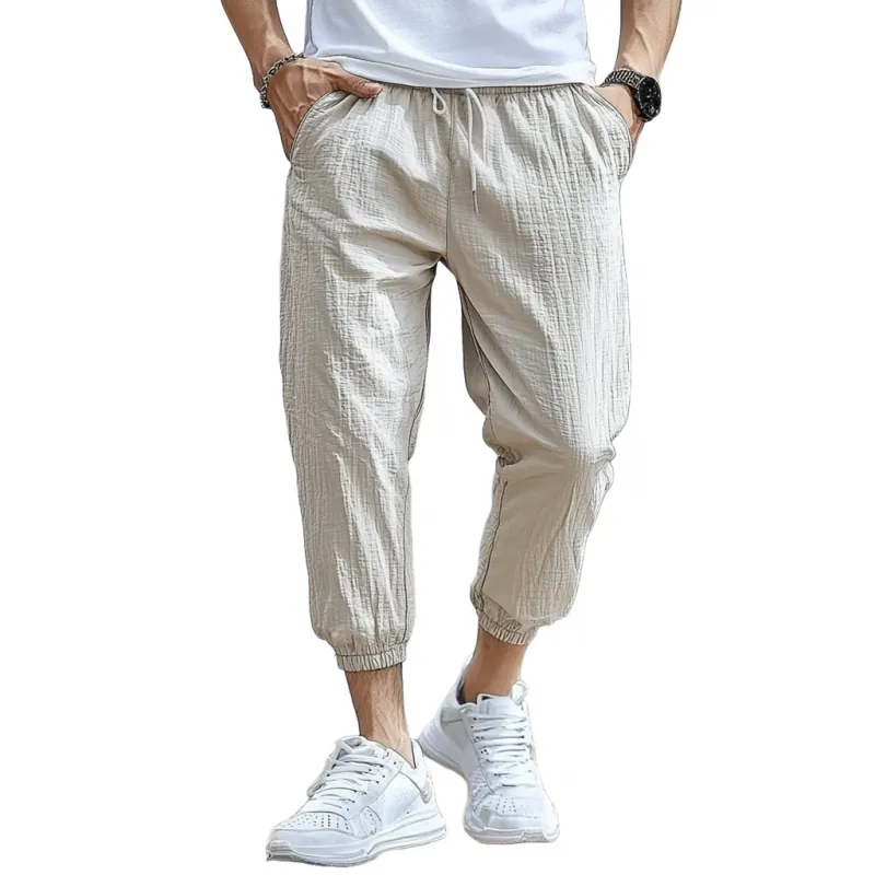 Men's Casual Cotton Linen Bubble Wrinkle Elastic Waist Loose Cropped Pants MTA1552E9M sold by Manly