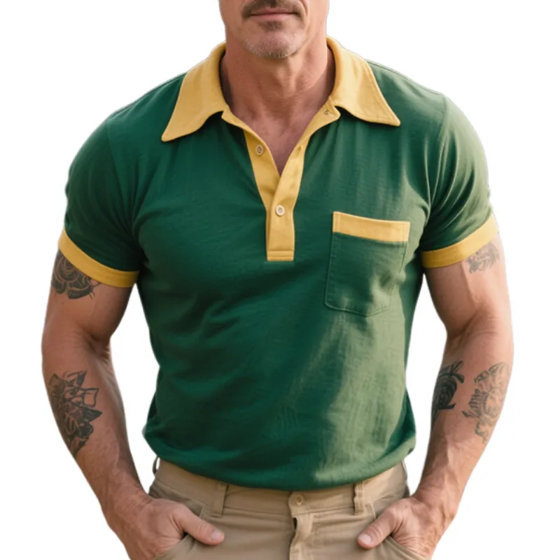 Men's Retro American Style Street Contrasting Color Pure Cotton Short-Sleeved Polo Shirt MTA1444E7TO sold by Manly