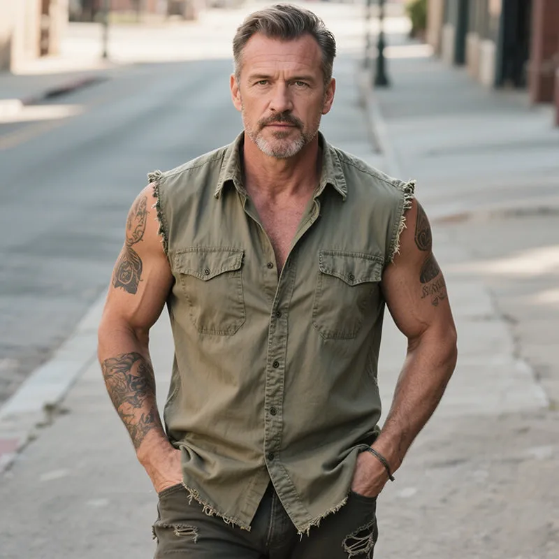 Men's Retro Casual Outdoor Training Washed And Worn Lumberjack Cotton Lapel Sleeveless Shirt MTA1437E7TO sold by Manly product image thumbnail 2