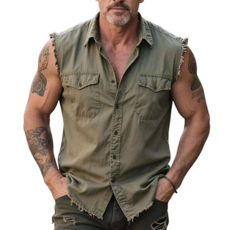 Men's Retro Casual Outdoor Training Washed And Worn Lumberjack Cotton Lapel Sleeveless Shirt MTA1437E7TO sold by Manly