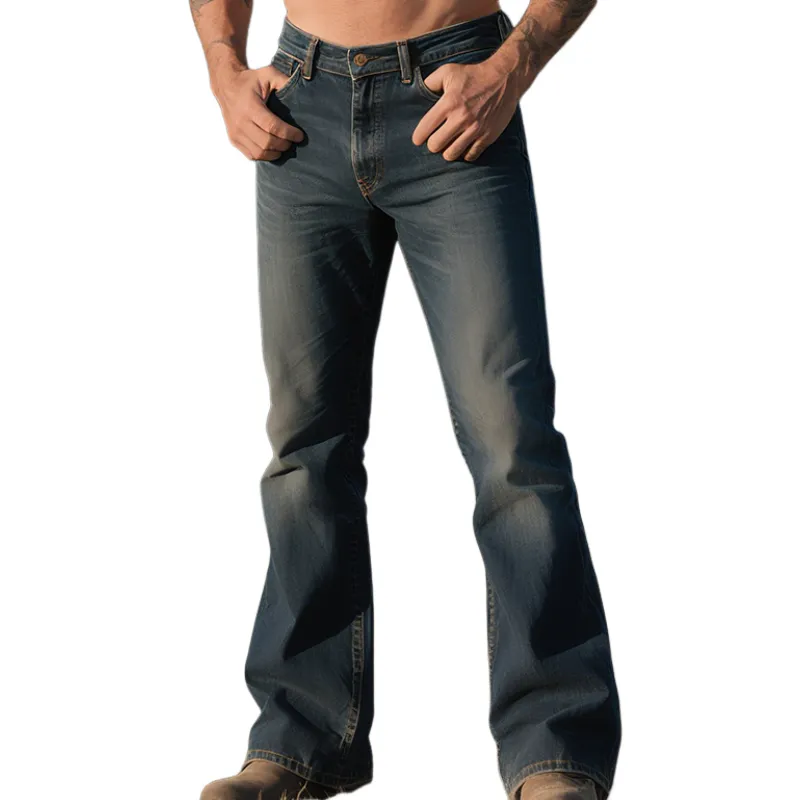 Men's Retro Western Cowboy Style Classic Ranch Washed Denim Flared Pants MTA1485E0TO sold by Manly