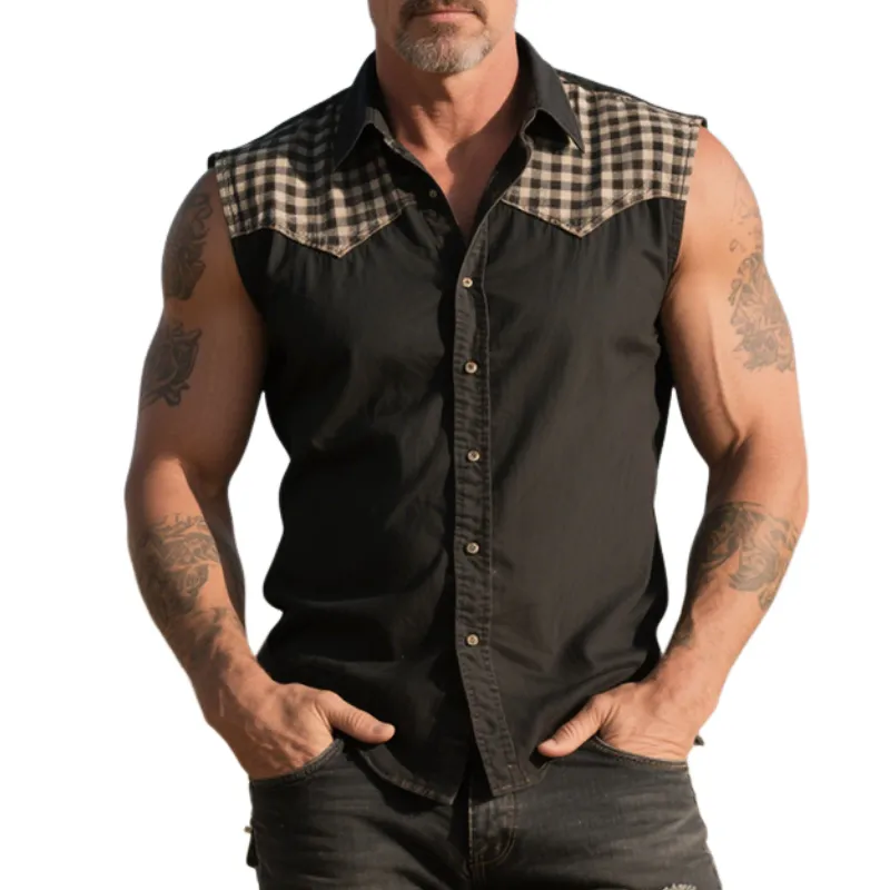 Men's Retro Western Cowboy Style Classic Plaid Stitching Denim Lapel Sleeveless Shirt MTA1404E4TO sold by Manly