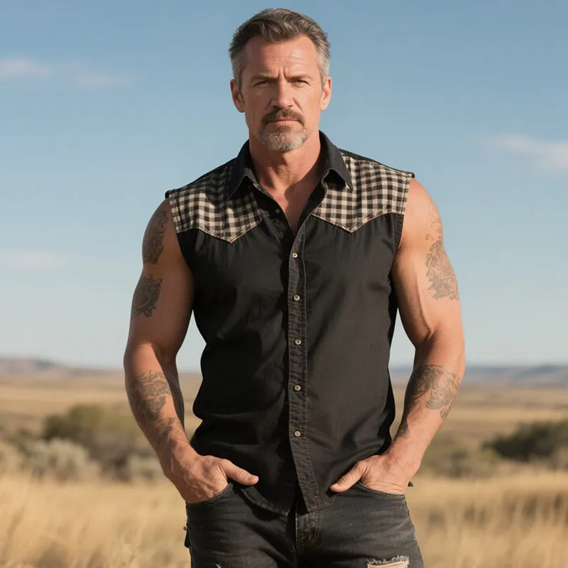 Men's Retro Western Cowboy Style Classic Plaid Stitching Denim Lapel Sleeveless Shirt MTA1404E4TO sold by Manly product image thumbnail 2