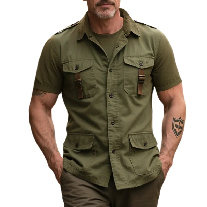 Men's Retro Casual British Style Outdoor Multi-Pocket Cotton Lapel Short Sleeve Shirt MTA1443E1TO sold by Manly