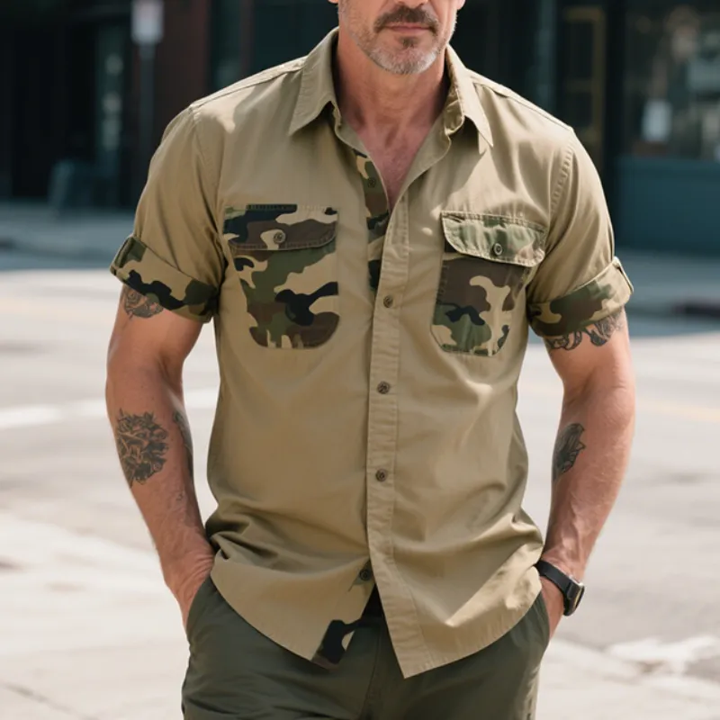 Men's Retro Casual Outdoor Camouflage Stitching Cotton Lapel Short Sleeve Shirt MTA1477E5TO sold by Manly product image thumbnail 3